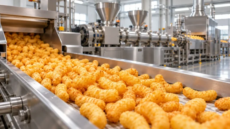 Freshly extruded protein puffs on a stainless steel conveyor at the Foodiva production line