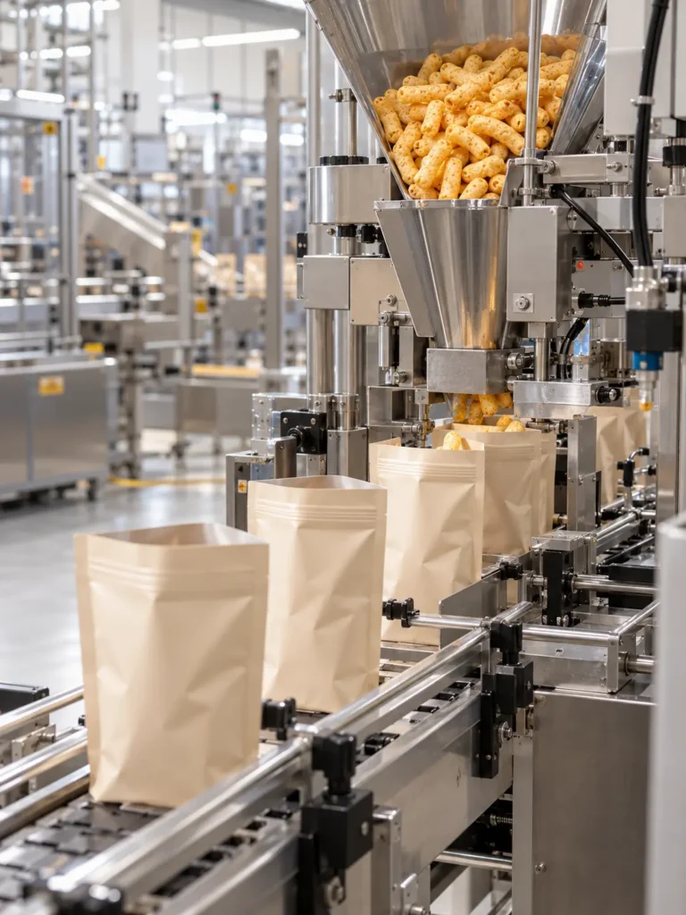 Automated filling of protein puffs into kraft stand-up pouches on the packaging line