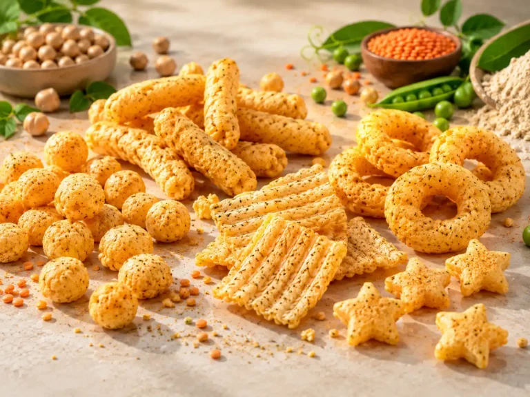 Assorted baked protein chips and puffs in different shapes with chickpeas, red lentils and peas