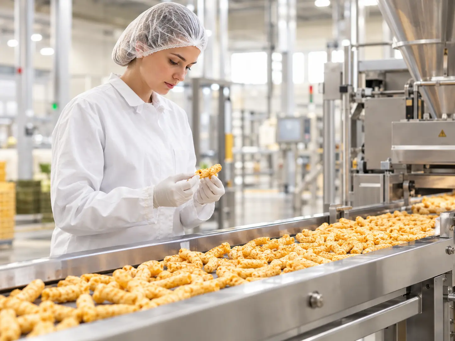 Quality control technician inspecting extruded protein snacks on the production line